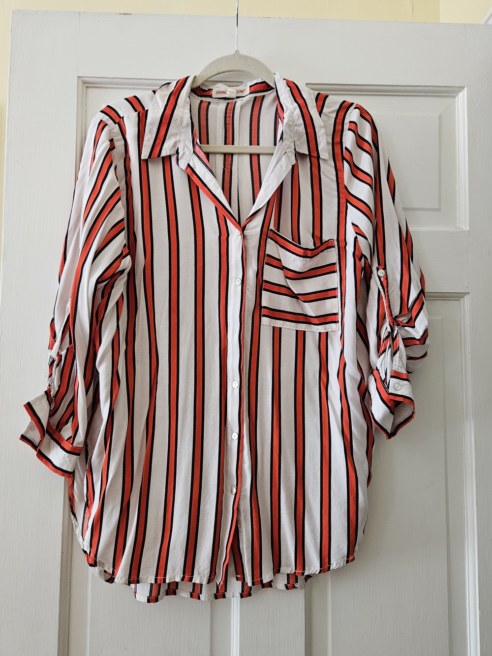grand & greene White Blouse with Red and Black Stripes